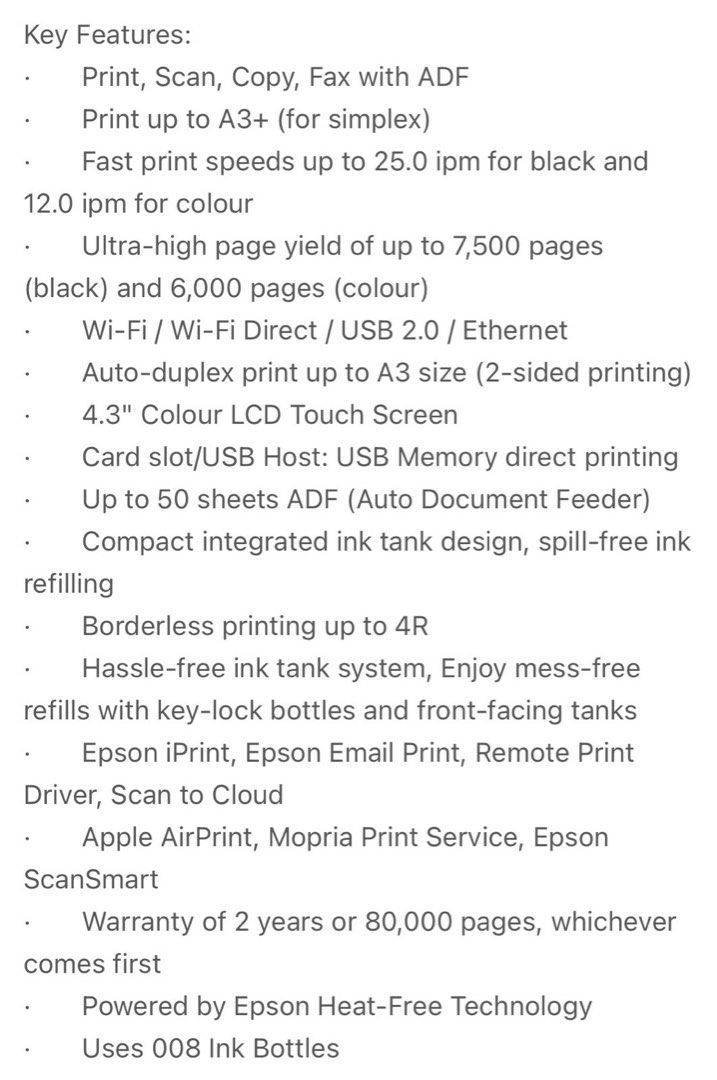 EPSON L15150 A3 PRINTER (Category: Printers, Scanners & Copiers) located in Pasig City. Submitted by jackiemaria (Listing ID 1301888141, Image 3). Description: PRINT SCAN COPY FAX FULL DUPLEX WIFI ECO TANK PIGMENT INK Bought this year 2024 RFS taking to much space in my office and hindi na nagagamit. .