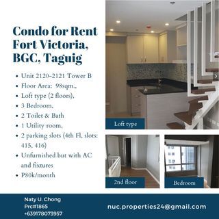 For Rent Fort Victoria, BGC, Taguig unit 2120-2121 Loft Type