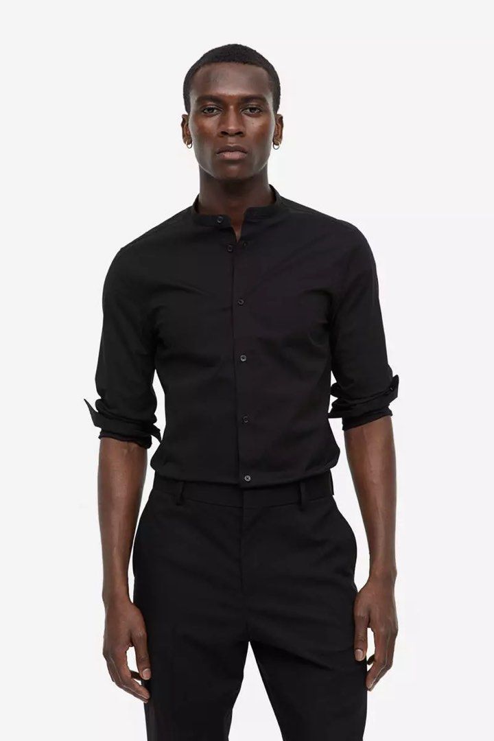 muscle fit dress shirt h&m H&M Slim Fit Dress Shirt Men Navy Blue Long Sleeve Button Up White Dots  Size M