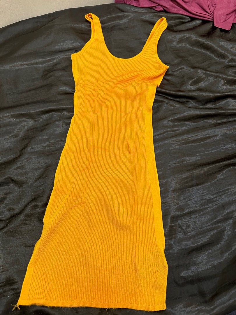 H M Mustard Bodycon Midi Dress Women s Fashion Dresses Sets Dresses on Carousell