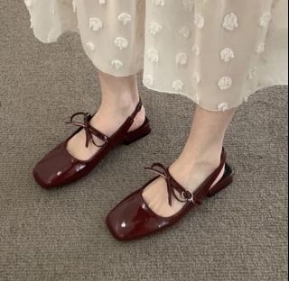 ONLINE Burgundy wine red mary jane patent bow low-heel sling back sandal flats