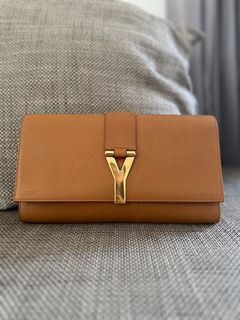SALE! Authentic Yves Saint Laurent YSL Y Ligne Clutch Tan with Gold hardware