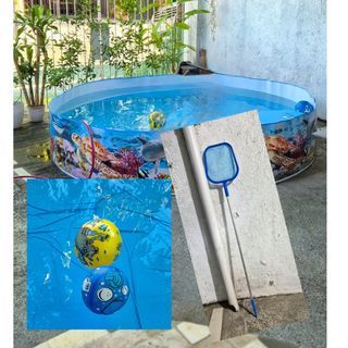 Swimming pool 8 feet diameter outdoor pool summer pool kiddie pool with cleaning pole and 2 inflatable balls not inflatable no fuss pool complete set
