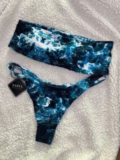 zaful blue marble swimsuit two piece m-l