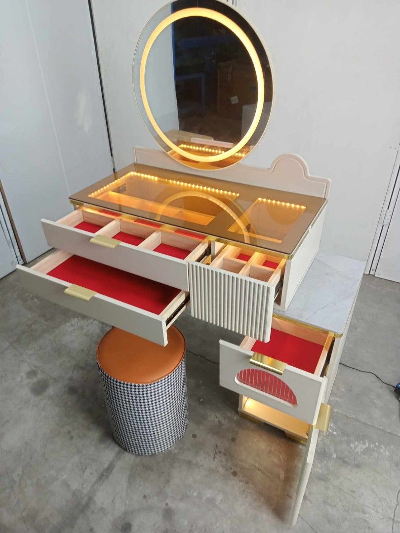 VANITY DRESSER TABLE SET (Category: Tables & Sets) located in Makati City. Submitted by gineth24 (Listing ID 1301494629, Image 3). Description: Vanity Dresser Table with Led Mirror and Stool Table: 80x40x82x139cm Chair: 30x30x40cm Cabinet: 30x40x60cm Mirror: 54cm 9,500 +Sf, may vary per location PM for faster transaction.