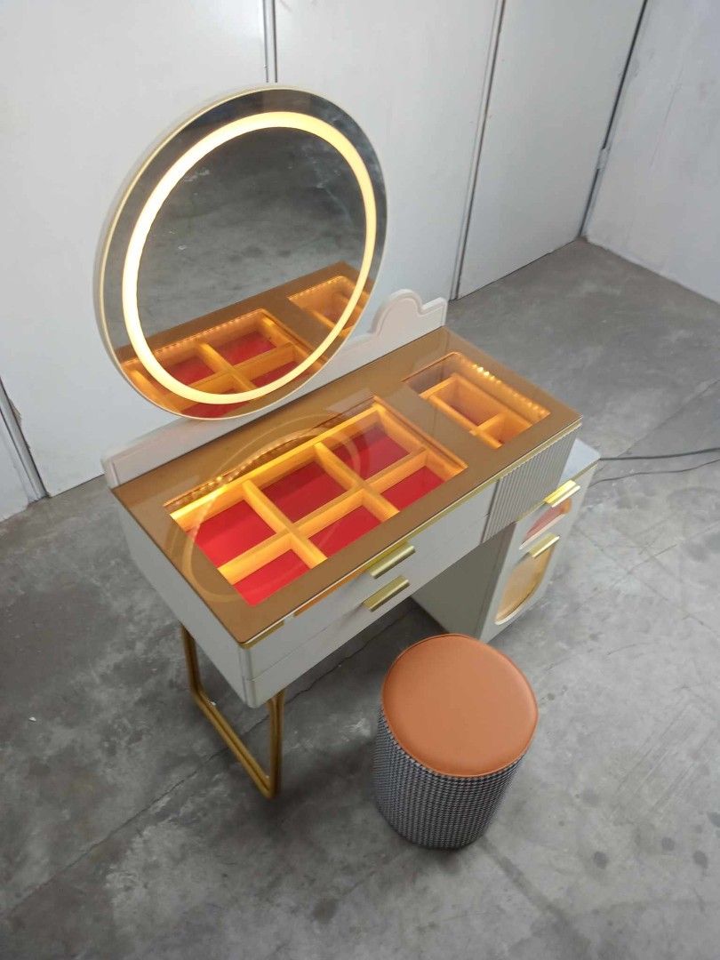 VANITY DRESSER TABLE SET (Category: Tables & Sets) located in Makati City. Submitted by gineth24 (Listing ID 1301494629, Image 2). Description: Vanity Dresser Table with Led Mirror and Stool Table: 80x40x82x139cm Chair: 30x30x40cm Cabinet: 30x40x60cm Mirror: 54cm 9,500 +Sf, may vary per location PM for faster transaction.