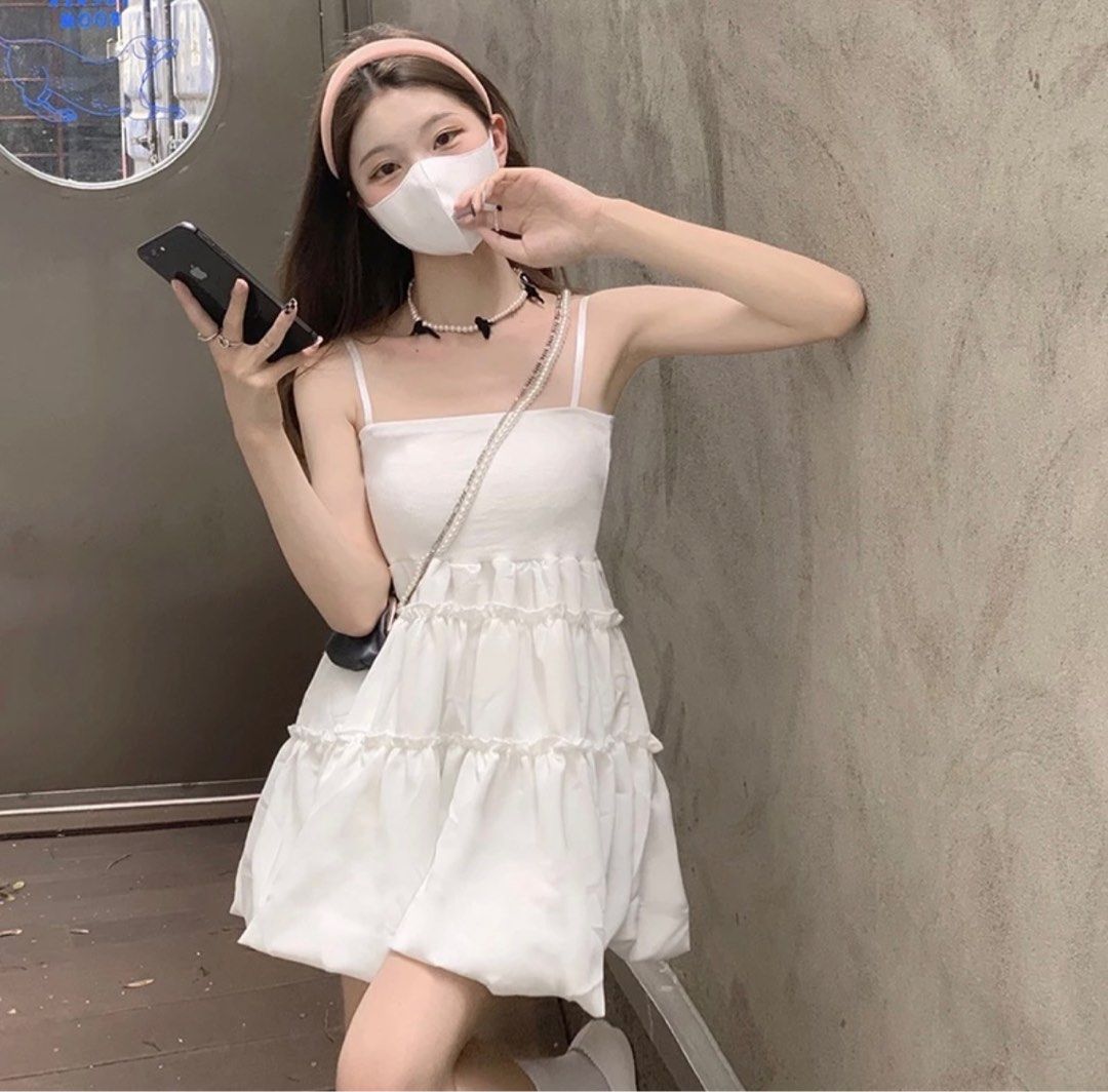 Tiktok Viral White Sling Strap Babydoll Dress, Women's Fashion