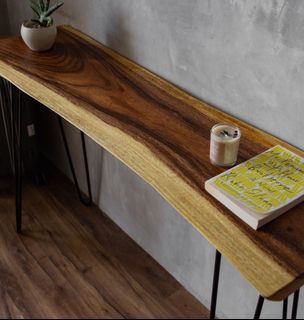 Work Table/ Console. Acacia Wood. Natural color with matte finish. Black Hair pin legs. Wabisabi.