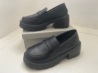 Black Slip-On Flatform Penny Loafers, Cool Round Toe Minimalist Wedge Shoes