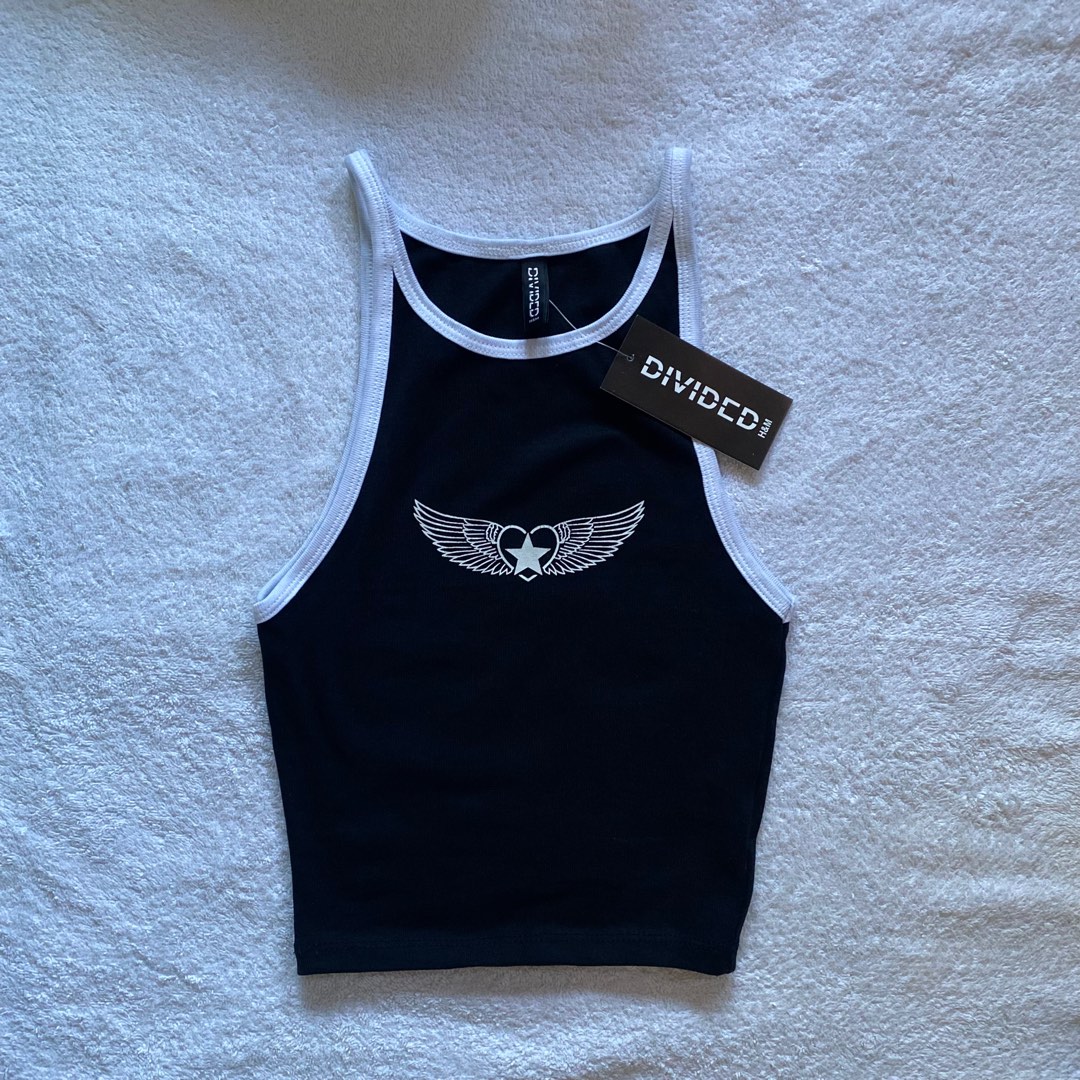 BRANDNEW H&M DIVIDED Black Ringer Graphic Halter Top, Women's Fashion ...
