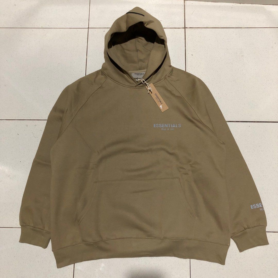 FOG Essentials side logo khaki hoodie Men s Fashion Tops Sets Hoodies on Carousell
