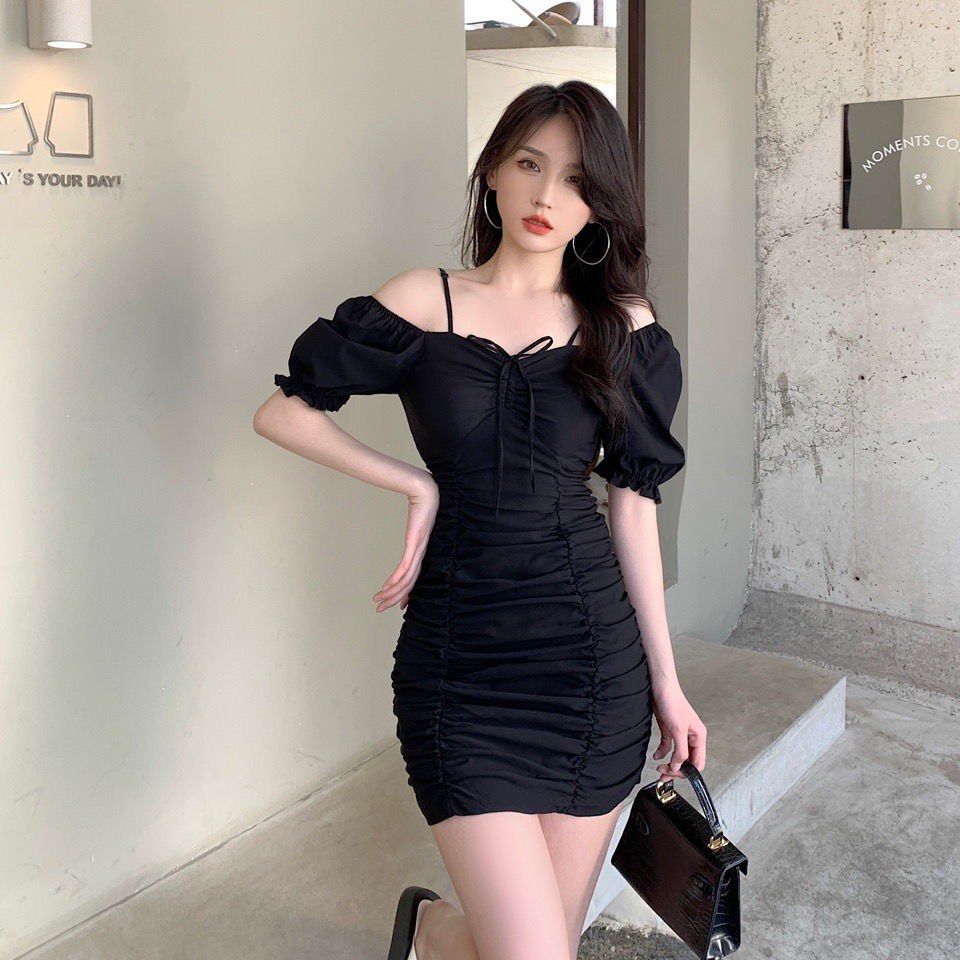 Korean Temperament Pure Color Summer Sweet Hot Style Dresses Women s Puff Sleeve Pleated Drawstring Slim Mini Dress