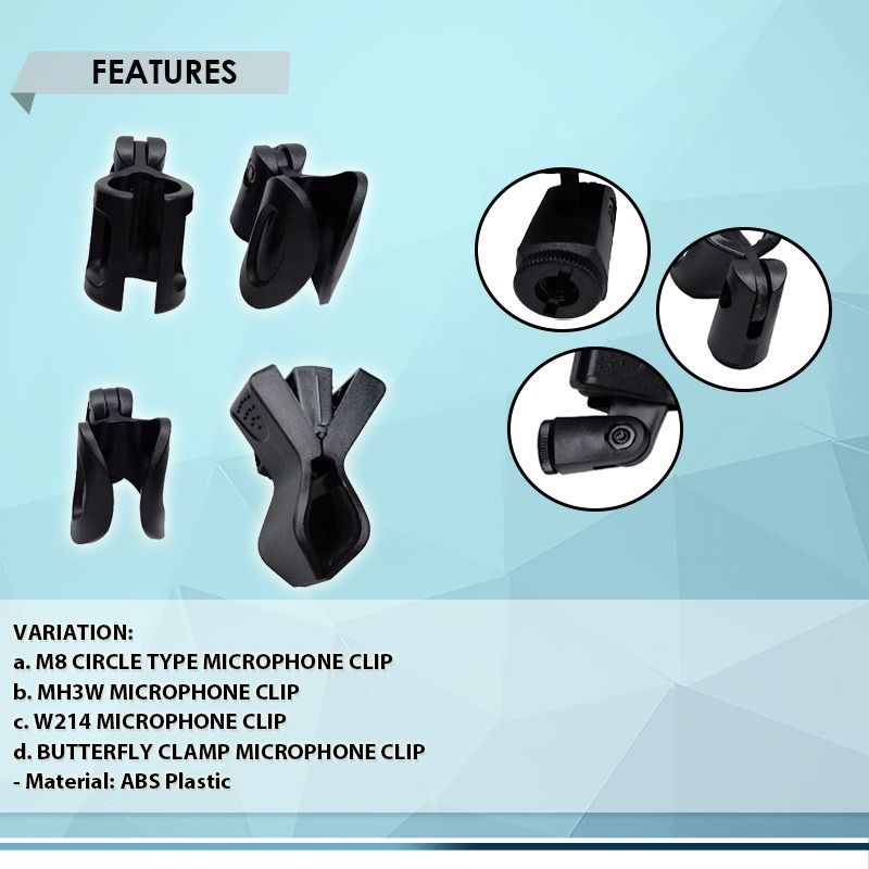 MICROPHONE CLIP HOLDER PLASTIC BLACK (1-PC per ORDER), HOLDER FOR HANDHELD WIRELESS MIC (Category: Microphones) located in Quezon City. Submitted by besteinpc (Listing ID 1300867976, Image 2). Description: MICROPHONE CLIP HOLDER PLASTIC BLACK (1-PC per ORDER), HOLDER FOR HANDHELD WIRELESS MIC FEATURES: VARIATION: 👉a. M8 CIRCLE TYPE MICROPHONE CLIP 👉b. MH3W MICROPHONE CLIP 👉c. W214 MICROPHONE CLIP 👉d. BUTTERFLY CLAMP MICROPHONE CLIP 👉Material