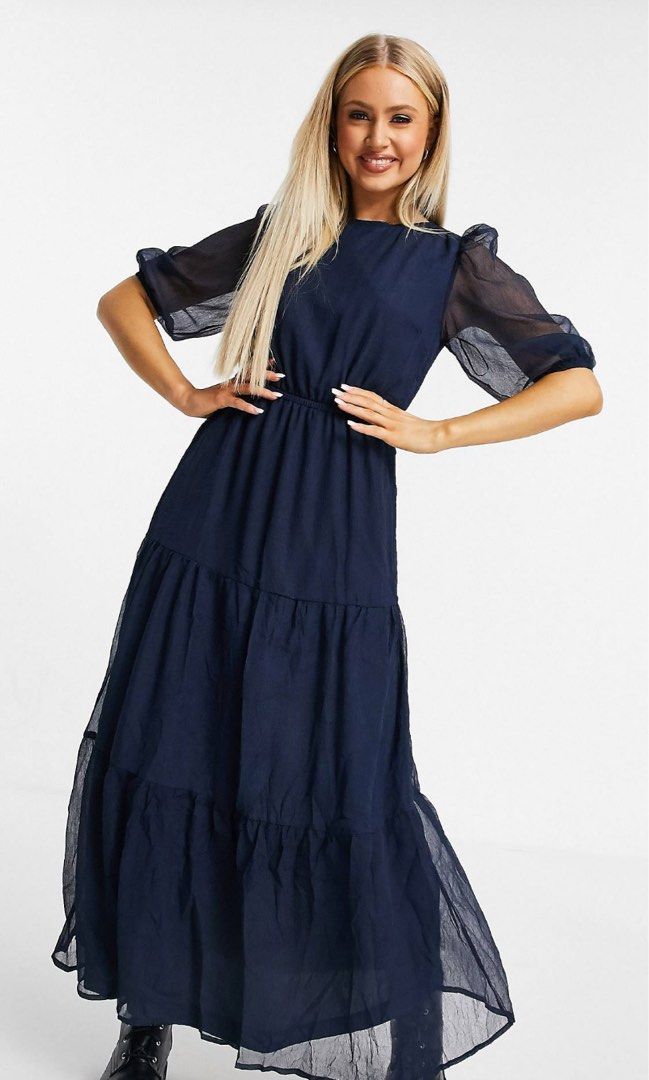 missguided tiered maxi dress in navy
