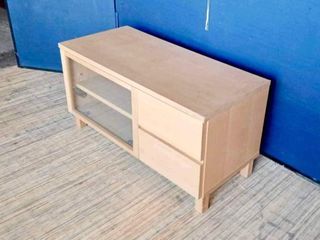 Muji Tv Stand 36”L x 16”W x 18”H Solid wood 1 pulldown glass door 2 pullout drawers
