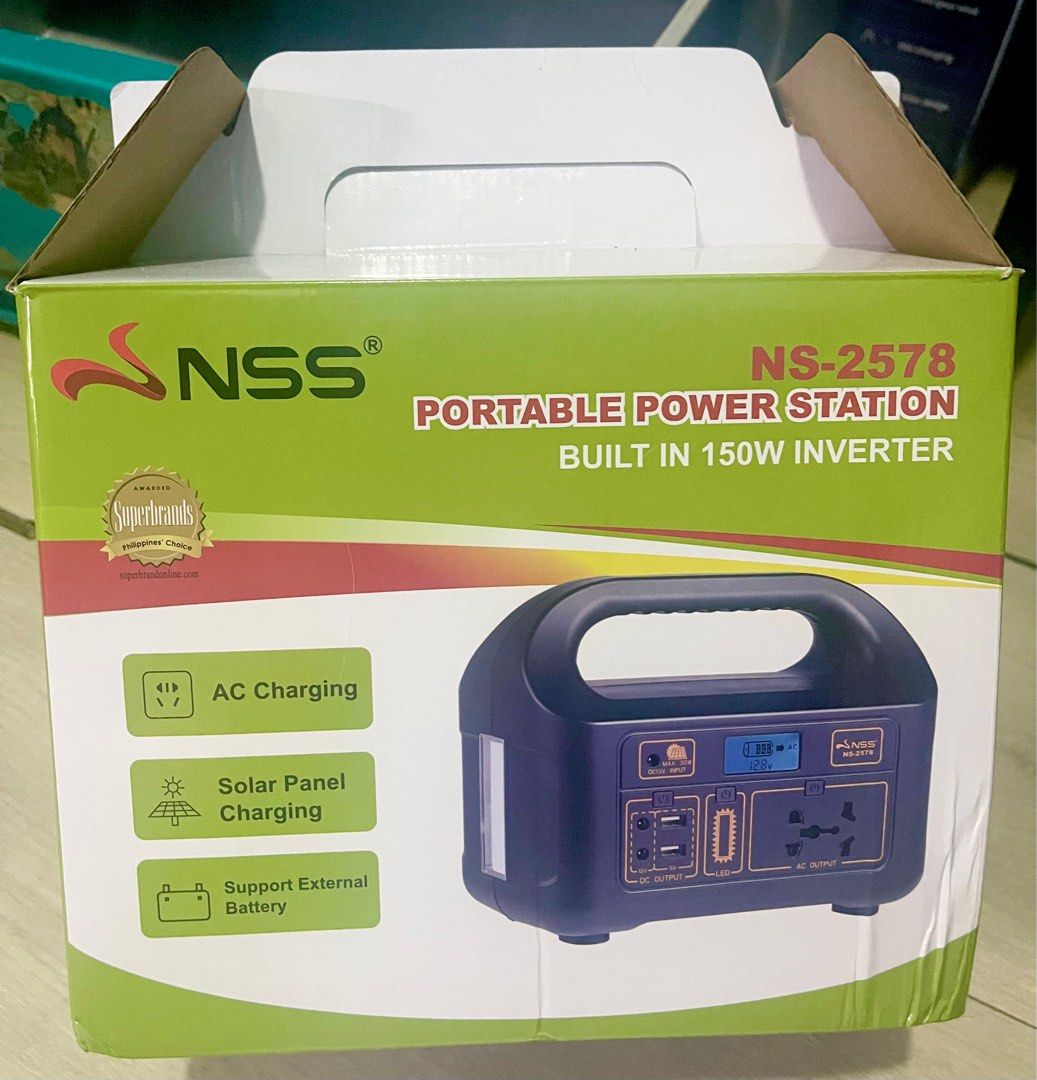 NSS PORTABLE POWER STATION NS-2578 (Category: Electrical, Adaptors & Sockets) located in Quezon City. Submitted by rvkim (Listing ID 1302199452, Image 2). Description: NSS PORTABLE POWER STATION NS-2578 Brand New Built in 150w Inverter AC charging Support external battery (sold separately) AC peak power out:250w Waveform:modified sine wave Battery:12v/12AH Lead -Acid battery Charging by AC: 6-8 hours Load:2pc led light,fan,tv,computer,etc Unit si