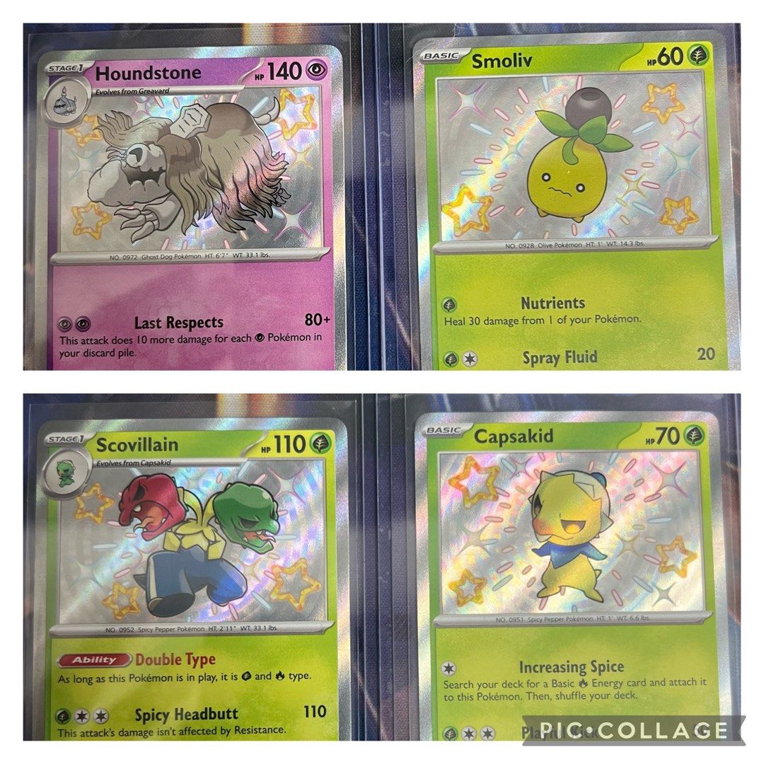 Pokemon Paldean Fates Baby Shiny Capsakid #106 Scovillain #107 Smoliv #102  Houndstone #168, Hobbies & Toys, Toys & Games on Carousell
