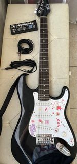 RJ Black Stratocaster Electric Guitar w/ amplifier, pedal and cords