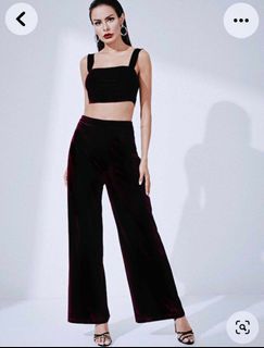 Shein black sexy Thick strap velvet crop top and flared pants set