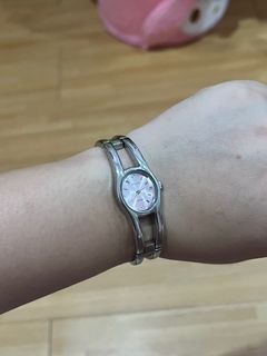 Silver and pink dainty bangle/bracelet type quartz watch