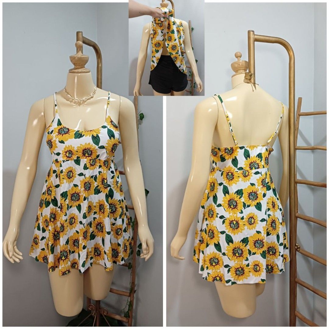 Sunflower print Swimwear Two Piece Dress Style Padded Black Short XL to 2XL Plus Curve Swimdress Women s Fashion Swimwear Bikinis Swimsuits on Carousell