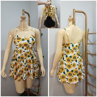 Sunflower print Swimwear Two Piece Dress Style Padded & Black Short (XL to 2XL) Plus Curve Swimdress