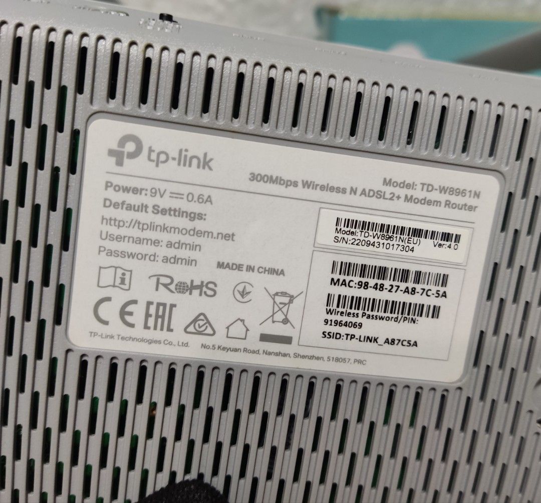 TP-link ADSL2+ Modem Router (Category: Networking) located in Paranaque City. Submitted by dalle_closet (Listing ID 1302063316, Image 3). Description: Slightly used pa. 300mbps wifi router.