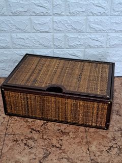 Vintage!  Rattan/Wood Storage Box
with Faux Leather Trim