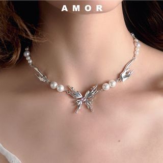 Y2K Zircon Inlaid Butterfly Wings Pink Heart Shape Pearl Necklace