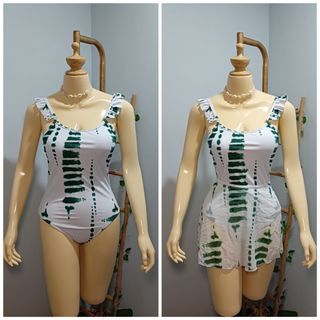 2in1 One Piece Swimsuit Padded & Beach Skirt Cover Up (Small) Whits & Green  2pc Rare