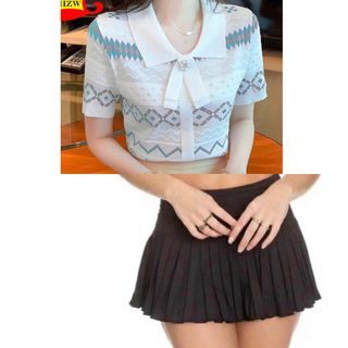 349 Set Knit Top/Pleated Mini Skirt