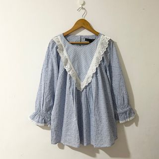 🌸 SALE 🌸 BROOKS BROTHERS Cotton Blue Multi-Print Eyelet Lace Lapel Collar Volume Ruffled Sleeves Babydoll Top
