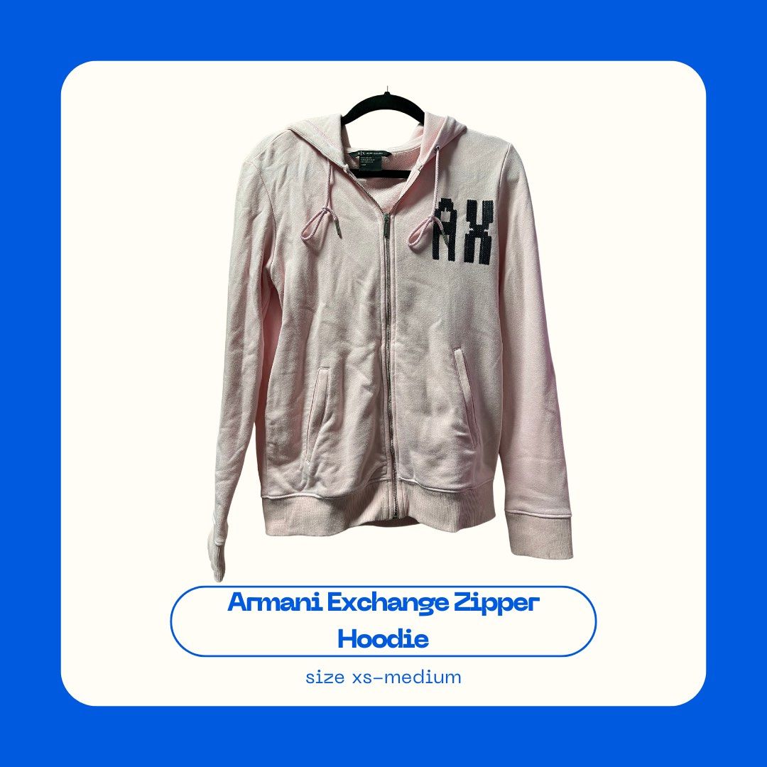 ARMANI EXCHANGE Pink Zipper Hoodie Jacket (Category: Coats, Jackets and Outerwear) located in Manila. Submitted by sophdeclutters (Listing ID 1302305545, Image 1). Description: - Original - Bought in Singapore - Good condition *delivery fee will be shouldered by the buyer *lalamove/grab/mr speedy/LBC/J&T *payment first policy.