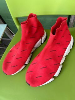 Balenciaga Red Knit Logo Speed Trainer Sneakers