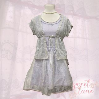 BESS blue-gray crochet/knit/knitted cardigan, LIZ LISA lavender wool pearl cami, & LIZ LISA lavender mesh/lace tulle print ribbon mini skirt (coquette/lolita/kawaii)