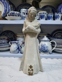 BJB ANTIQUE VIRGIN MARY JESUS CHILD OLD PLASTER STATUE CHALKWARE FROM BELGIUM