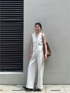 Cotton Linen Vest + High Waist Elastic Waist Trouser Set