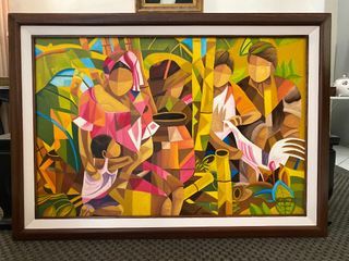 FAMILY HARVEST 40x29 inches OIL ON CANVAS Painting with Wood Frame, Ready to Hang