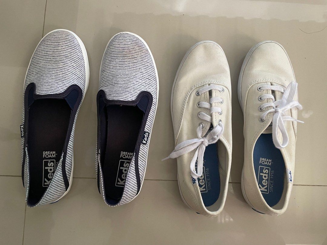 Keds Sneakers (900 for two pairs) (Category: Sneakers) located in Gapan. Submitted by anitsirc19 (Listing ID 1302218180, Image 1). Description: ❗️Original Keds ❗️Size: US 5 ❗️May Stains po yung kulay blue, twice lang nagamit ❗️Yung white medyo madumi lang, pero wlang stains RFS: Decluterring ❗️Please manage your expectation .