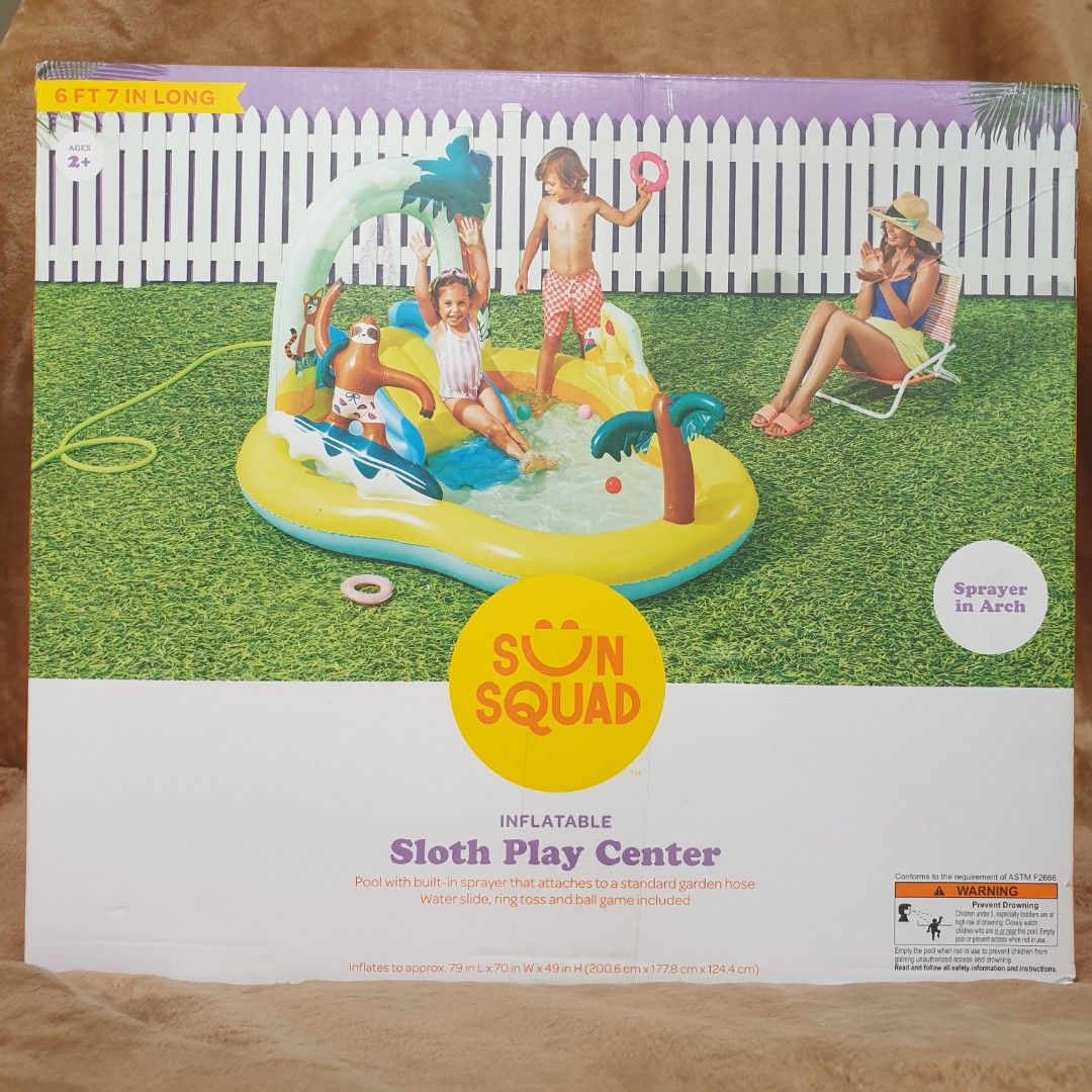Kids' Sloth Play Center Inflatable Pool - Sun Squad (Category: Infant Playtime) located in Las Pinas. Submitted by defg35 (Listing ID 1302382149, Image 3). Description: Inflates to approx: 79 in. X 70 in. X 49 in. Inflatable sloth-themed pool & play center .Built-in water sprayer to keep your little ones cool .Fun & soft water slide .Includes set of inflatable toys: 3 balls & 3 rings .Connects to standard garden hose for ultimate convenience .Dur