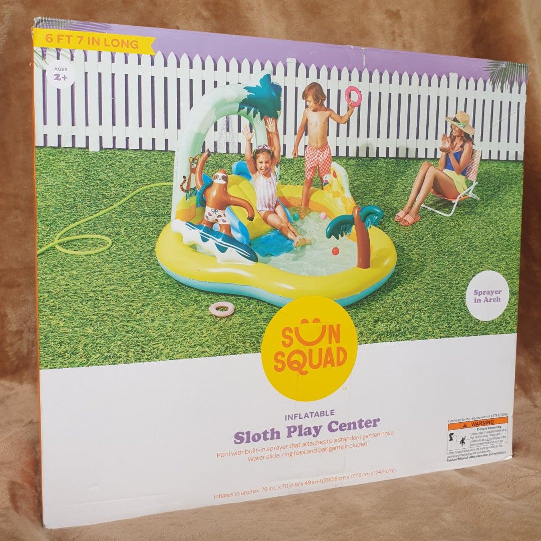 Kids' Sloth Play Center Inflatable Pool - Sun Squad (Category: Infant Playtime) located in Las Pinas. Submitted by defg35 (Listing ID 1302382149, Image 2). Description: Inflates to approx: 79 in. X 70 in. X 49 in. Inflatable sloth-themed pool & play center .Built-in water sprayer to keep your little ones cool .Fun & soft water slide .Includes set of inflatable toys: 3 balls & 3 rings .Connects to standard garden hose for ultimate convenience .Dur