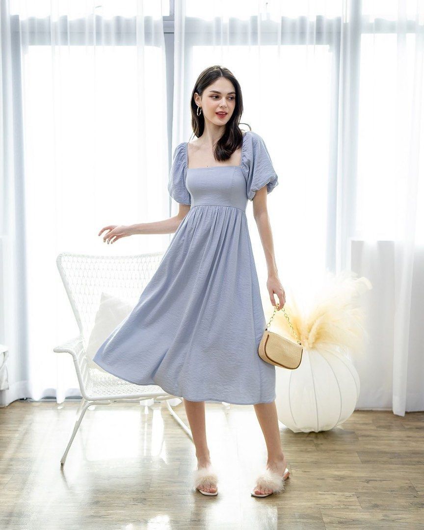 Neonmello Tilly Puff Sleeve Midaxi in Peri Blue, Women's Fashion