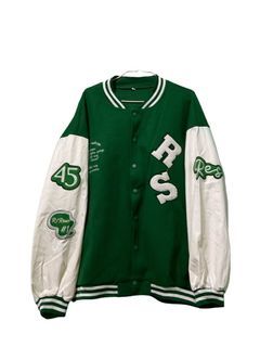 Plus size white leather long sleeves green varsity jacket