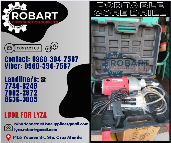 Portable Diamond Core Drill (Category: Construction Tools & Equipment) located in Manila. Submitted by lyzarobart11 (Listing ID 1302279781, Image 1). Description: Portable Diamond Core Drill Model: TST-DCD160 Capacity: 160mm Rated Power: 2000w 𝐒𝐄𝐍𝐃 𝐔𝐒 𝐌𝐄𝐒𝐒𝐀𝐆𝐄 𝐅𝐎𝐑 𝐈𝐍𝐐𝐔𝐈𝐑𝐈𝐄𝐒 ‼️ 0 9 6 7 3 8 1 8 2 2 7 0 9 6 0 3 9 4 7 5 8 7 𝐋𝐚𝐧𝐝𝐥𝐢𝐧𝐞 𝐍𝐮𝐦𝐛𝐞𝐫𝐬: 𝟕 𝟕 𝟒 𝟔 - 𝟔 𝟐 𝟒 𝟖 / 𝟕 𝟎 𝟎 𝟐 - 𝟐 𝟖 𝟕 𝟐 / 𝟖 𝟔 𝟑 𝟔 - �
