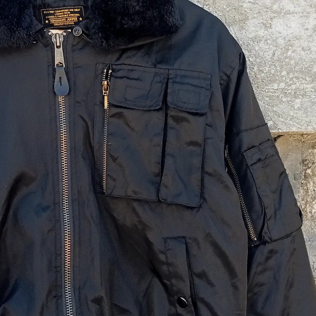 Vintage 1980s-90s Tomahawk Aviator Bomber Jacket (Category: Coats, Jackets and Outerwear) located in Manila. Submitted by vintagesoulph (Listing ID 1302289928, Image 3). Description: Vintage 1980s-90s Tomahawk Aviator Bomber Jacket • Boxy Large (26.5" x 23") • Historical war piece turned into cozy timeless fashion trend • Detachable sherpa lined collar • With two inner "cigarette" pockets ISSUE: small cigarette burn hole at the right sleeve & som