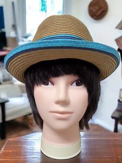 Roxy Beach Wearing Straw Fedora Hat in Blue/White Band Natural M/L 58 cm