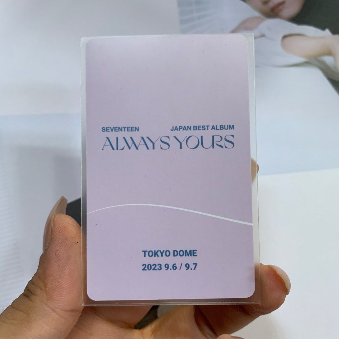 seventeen wonwoo always yours tokyo dome pc (Category: K-Wave Merchandise) located in Manila. Submitted by jnlldp (Listing ID 1302384424, Image 2). Description: Seventeen Wonwoo Always Yours Tokyo Dome photocard -onhand; bought from mercari -x sensi,impatient -pf included/ lsf shouldered by buyer.