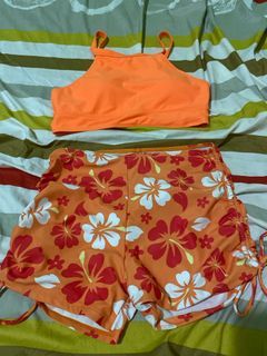 Shein orange floral tropical halter swimsuit swimwear two piece one piece tankini beach shorts