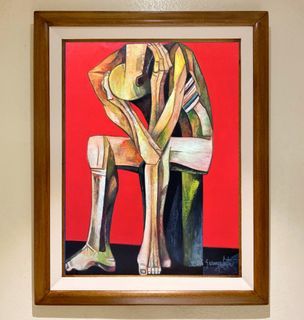 THE THINKER 29 x 23 inches OIL ON CANVAS Painting with Wood Frame, Ready to Hang