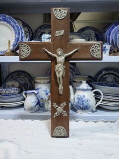 Vintage European Large  wooden Crucifix with metal  flower design on sides
